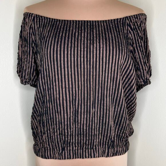 Jane and Delancey Blouson Top Small Brown Black Stripe Off The Shoulder Crinkle - Picture 3 of 10